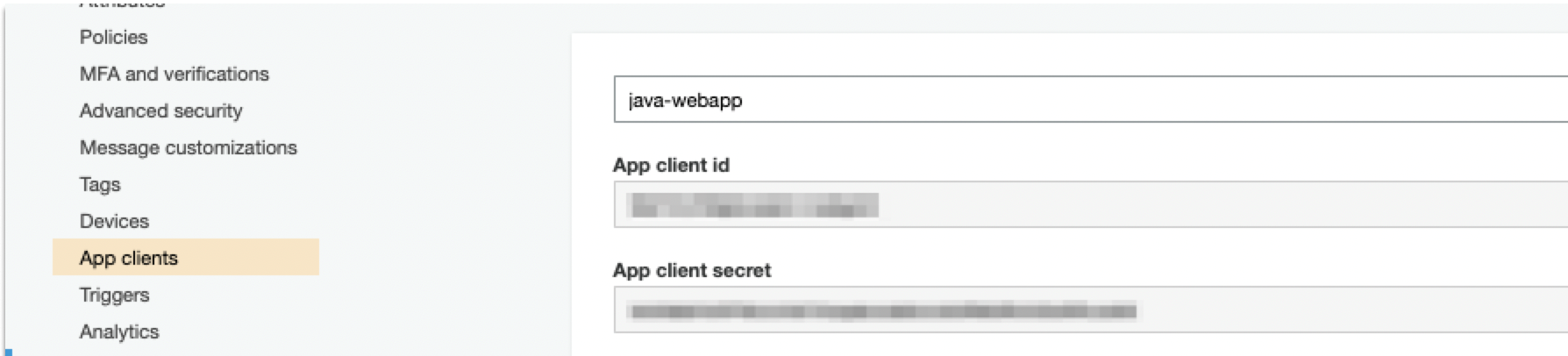 Diagram showing the Cognito User Pool interface app client settings