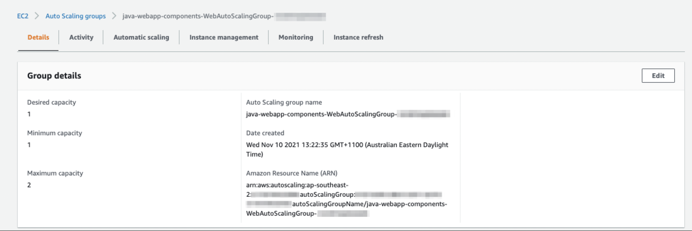 Diagram showing the web server auto scaling group interface and group details.