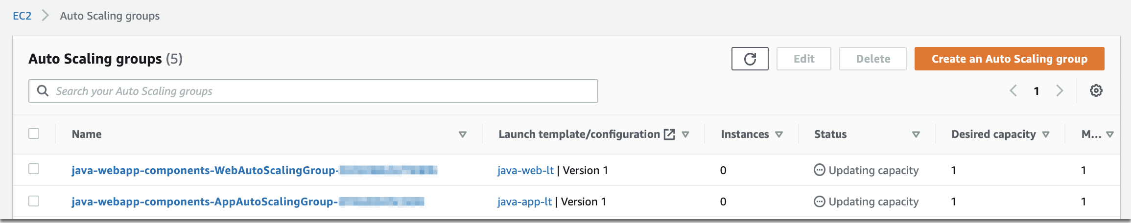 Diagram showing the auto scaling groups interface and updating capacity status.