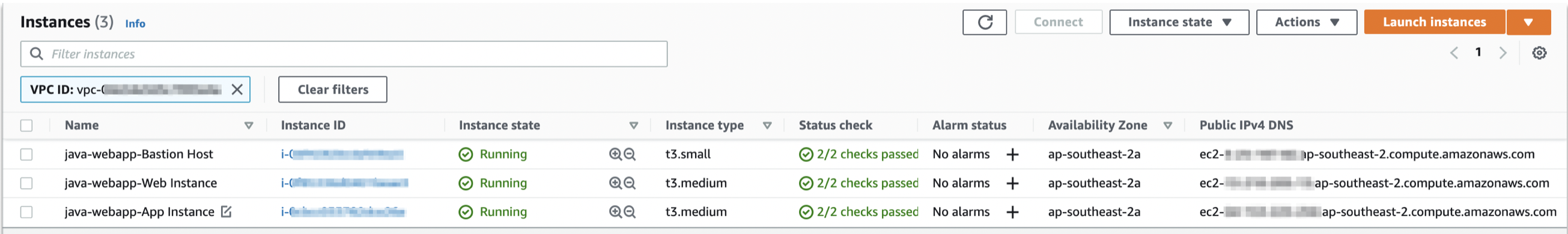 Diagram showing the instances interface and the running instances for the VPC