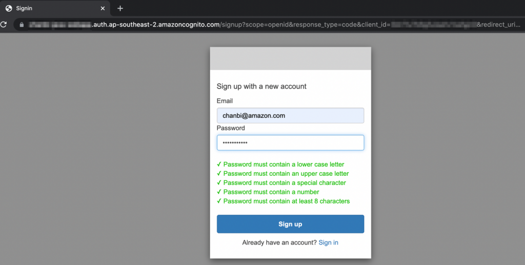 Diagram showing the sign up page provided by Amazon Cognito