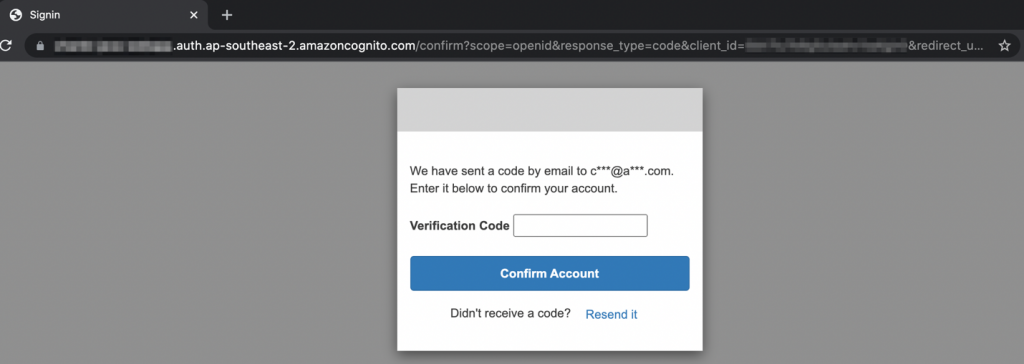 Diagram showing the account confirmation page with verification code provided by Amazon Cognito