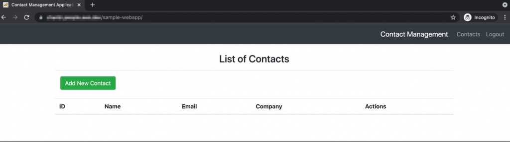 Diagram showing the main page with the list of contacts for the sample web application.