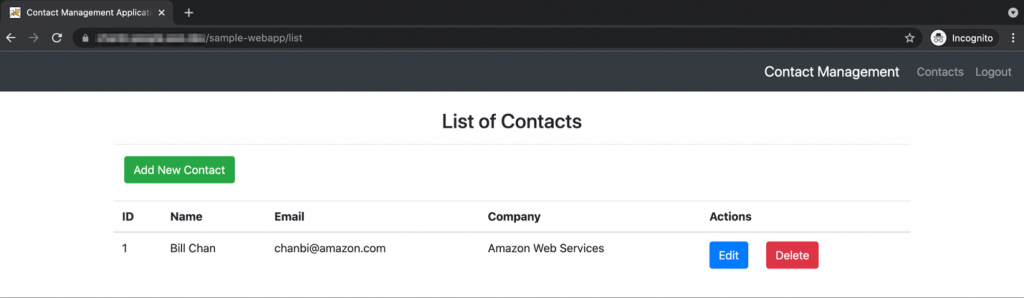 Diagram showing the list of contacts for the sample web application with edit and delete functionality.