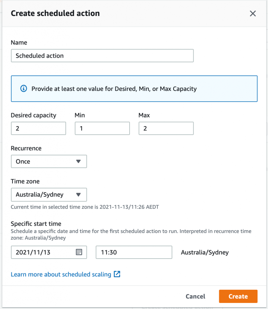Diagram showing the auto scaling group's create schedule action interface.