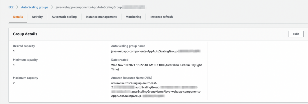 Diagram showing the web server auto scaling group interface and group details.