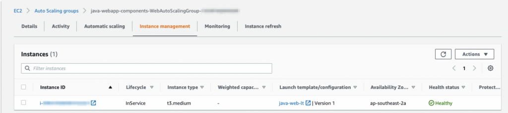 Diagram showing the web server auto scaling group interface and instance status