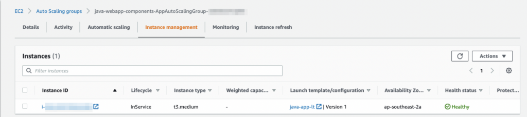 Diagram showing the application server auto scaling group interface and instance status