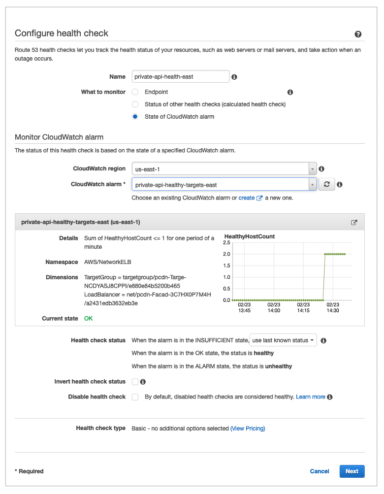 Configuring the health check for region 1