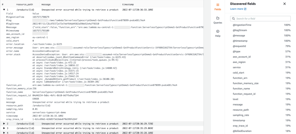 CloudWatch Logs Insights showing errors for the serverless-typescript-demo service.
