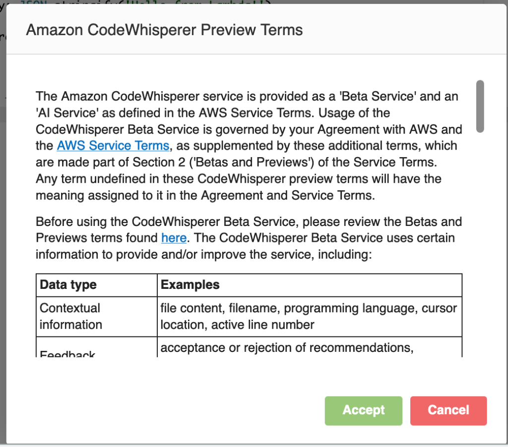 CodeWhisperer Preview Terms