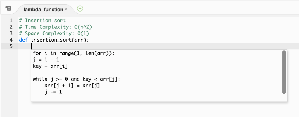 CodeWhisperer insertion sort.