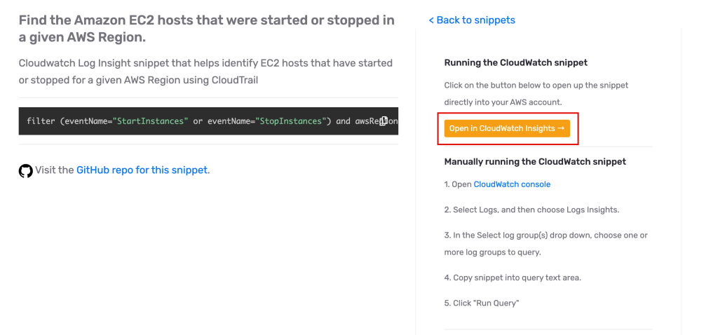 Open CloudWatch Insights query with open click deploy button
