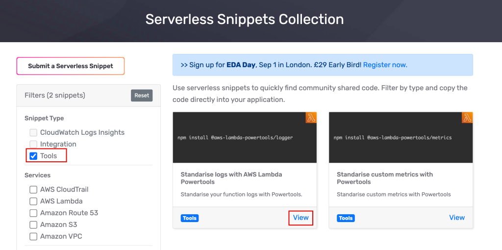 Selecting tools on Serverless Snippets