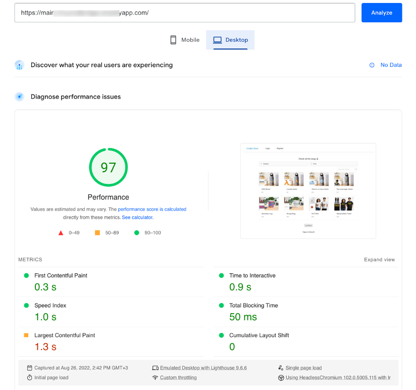 Page speed insight tool results