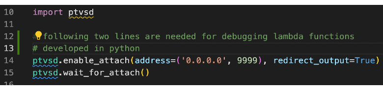 Enable debugging in the Lambda function