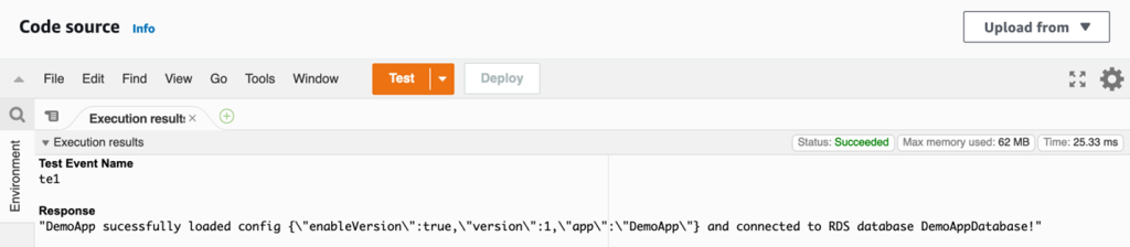 Lambda execution results visible from Lambda console after successful invocation.