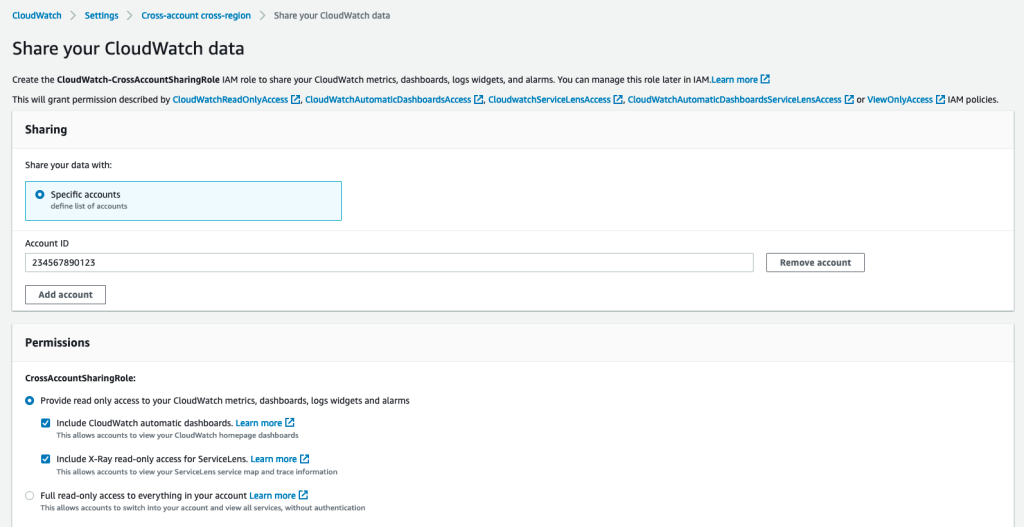 Screenshot of the “Share your CloudWatch data sub-menu in the CloudWatch console. The “Specific accounts” option in the “Sharing” section is highlighted, and the sample account ID “234567890123” is typed into the input field.