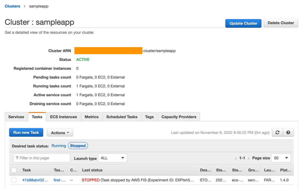ECS Task stopped by AWS FIS Experiment
