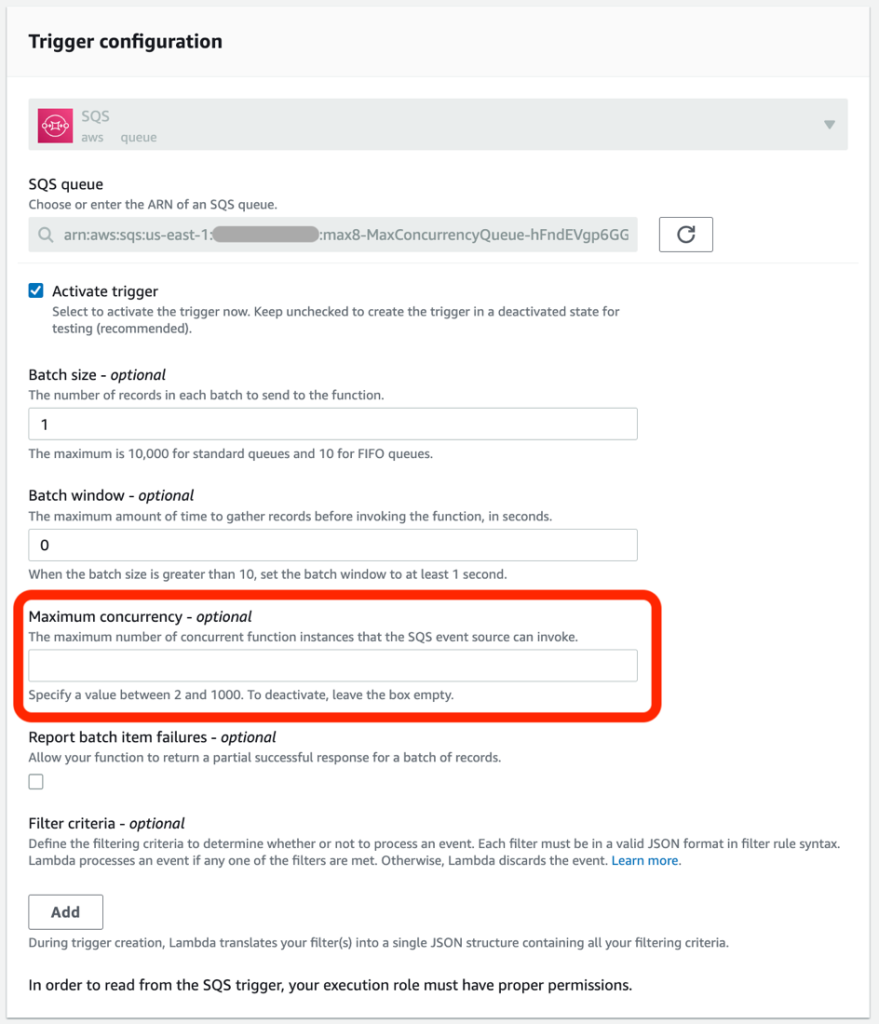 Configuring the maximum concurrency for an SQS trigger in the console