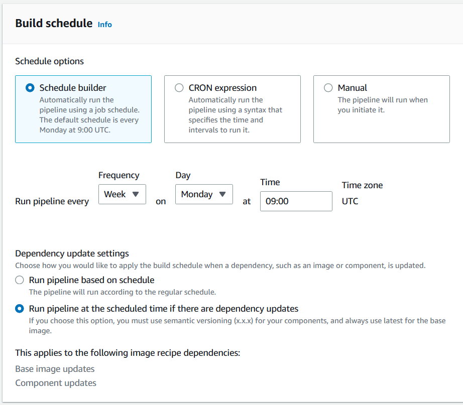 Figure 1 An example EC2 Image Builder pipeline schedule with dependency update settings