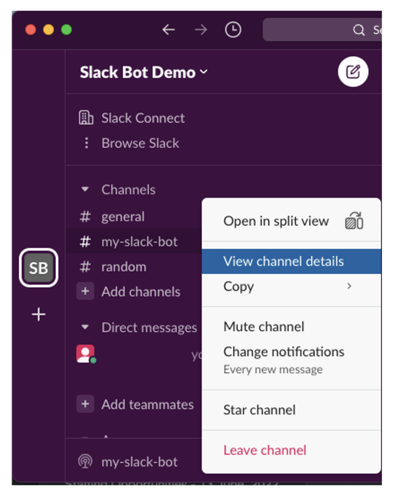 Slack channel details