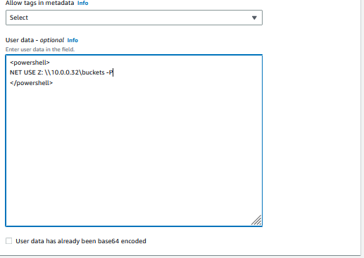 A screenshot of User Data section of Amazon EC2 Launch wizard with commands to mount NFS to the Windows File System