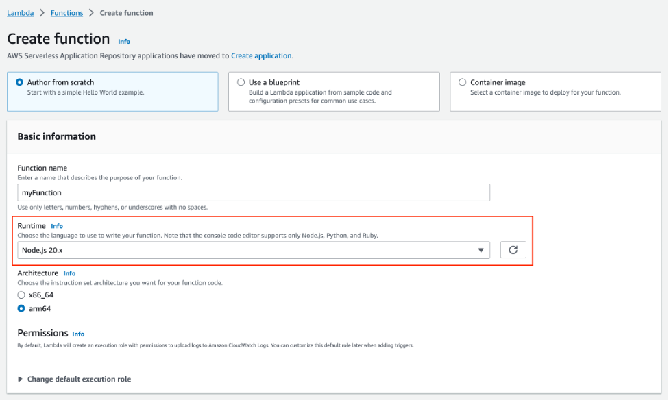 Select Node.js 20.x when creating a new AWS Lambda function in the AWS Management Console