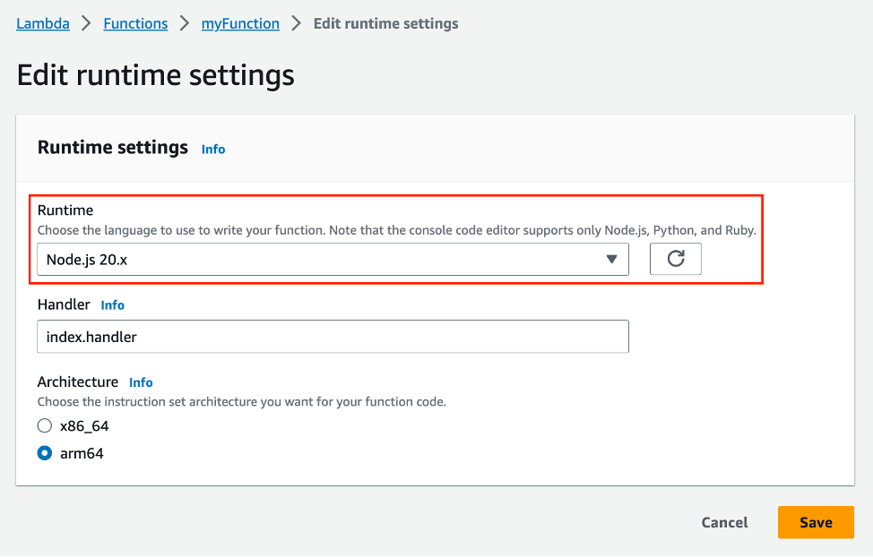 Select Node.js 20.x when updating an existing AWS Lambda function in the AWS Management Console