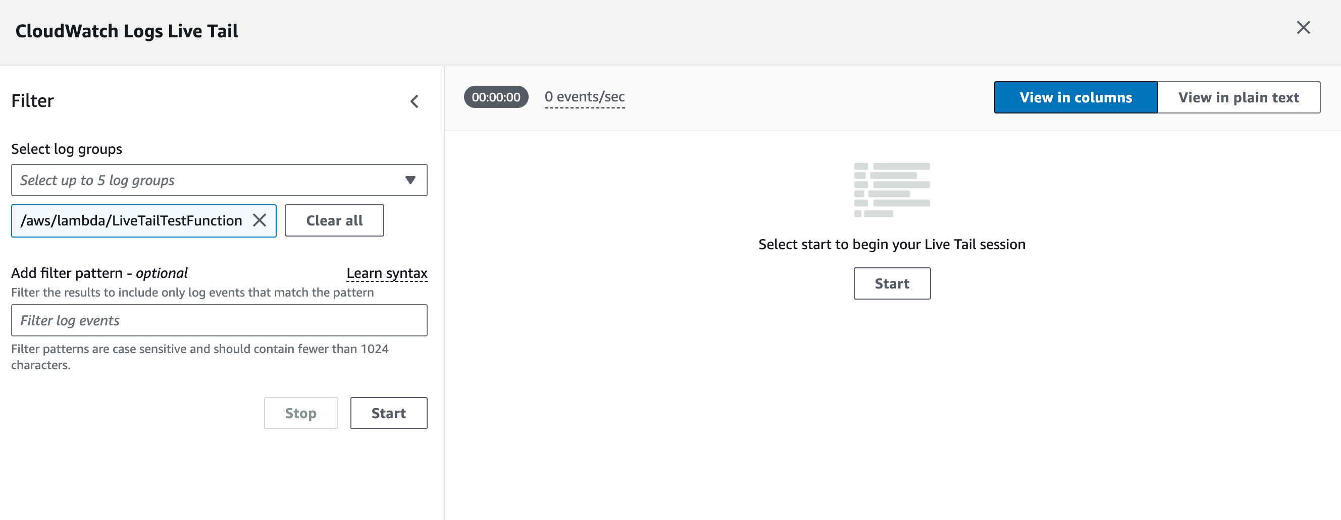 New Live Tail view in Lambda console.