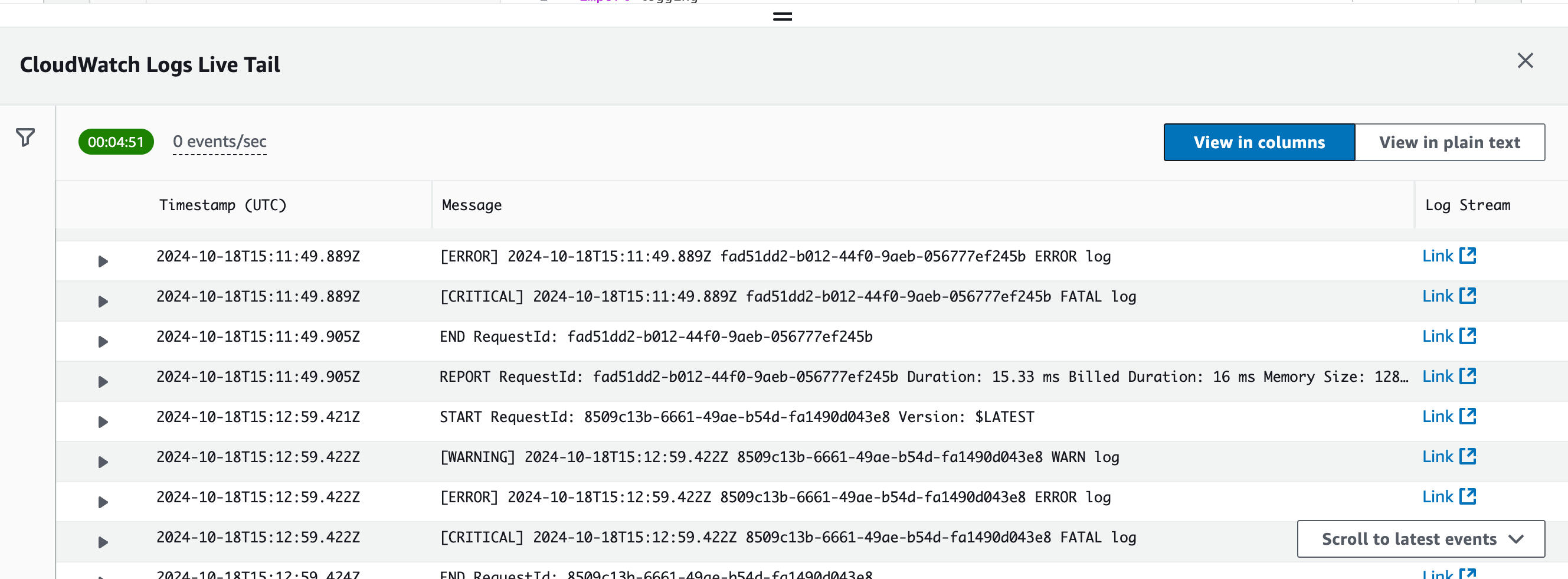 Active Live Tail session showing collapsed Filter panel.