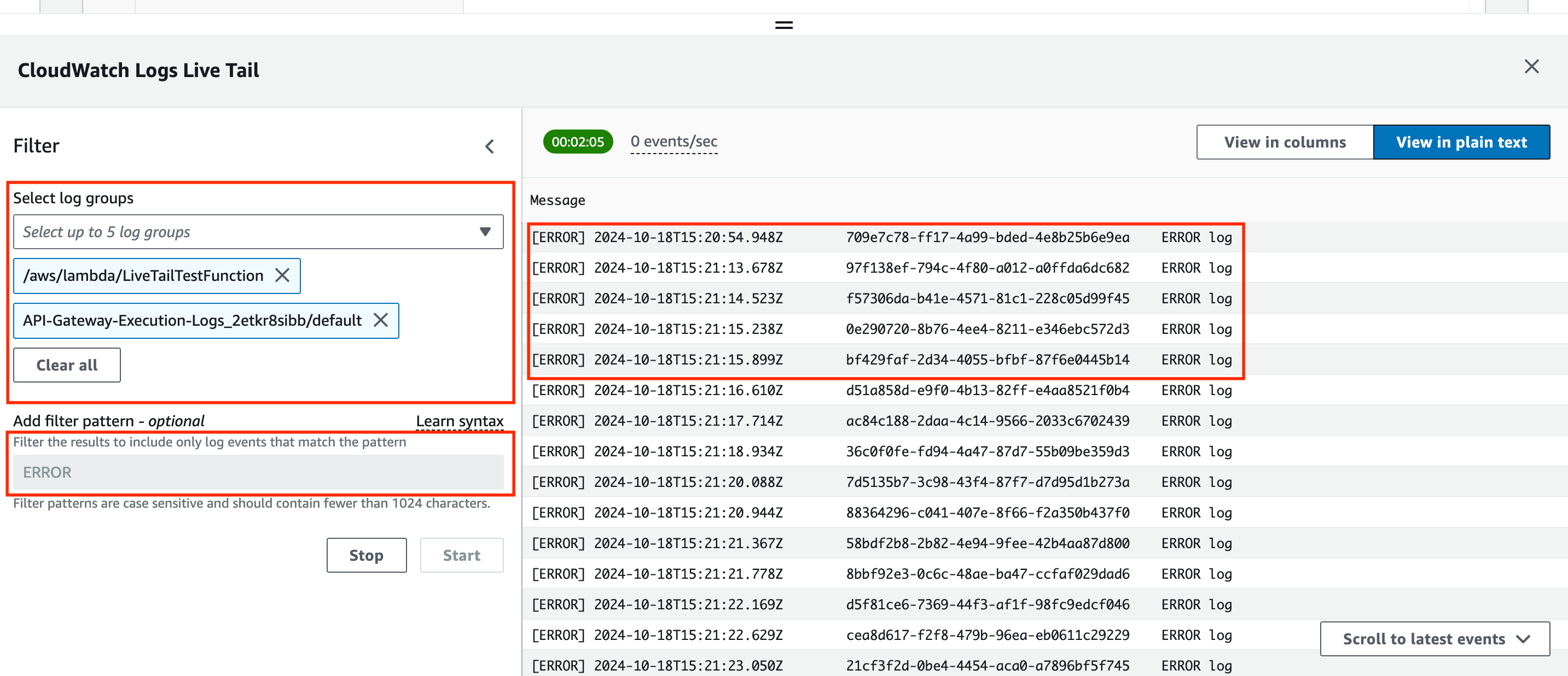 Live Tail session showing multiple log groups selected and filter pattern applied for “ERROR” keyword.