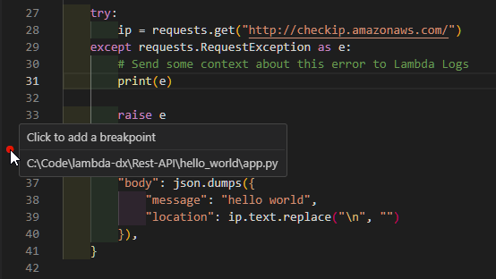 Adding a breakpoint to the function code