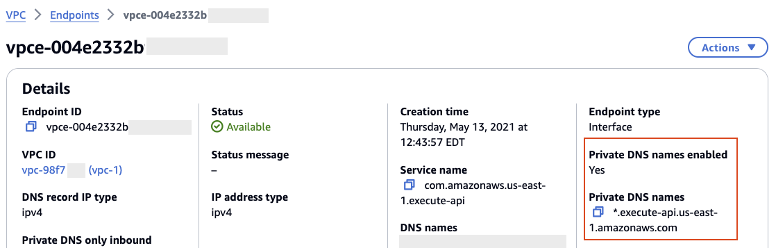 VPC endpoint configured with private DNS names enabled.