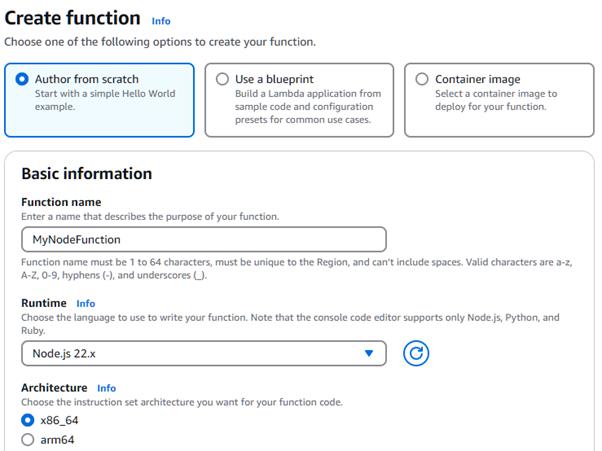 Creating Node.js function in AWS Management Console