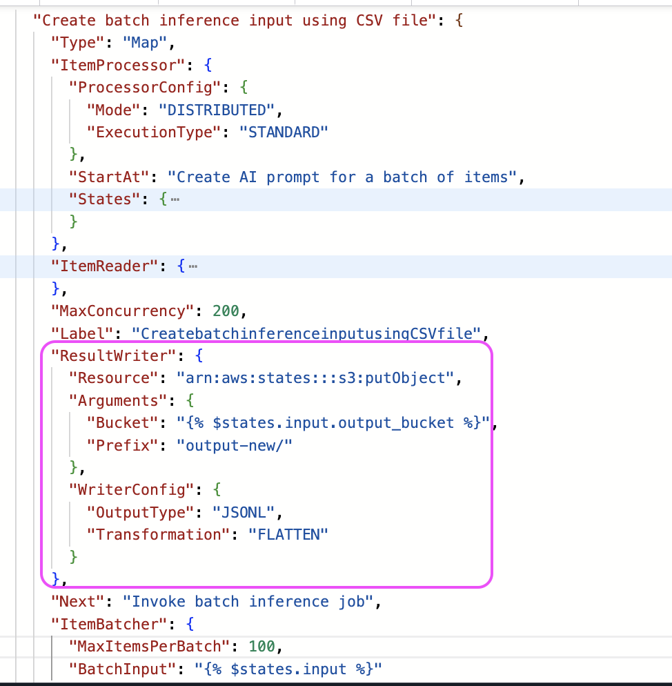 JSON structure showing the ASL for Step Functions