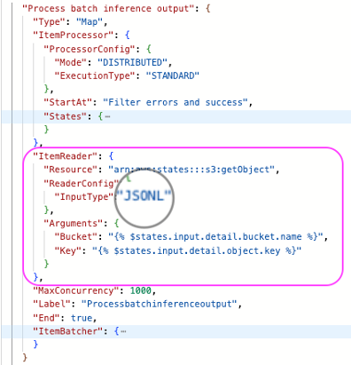 AWS Step Functions ASL showing how to read the JSONL file