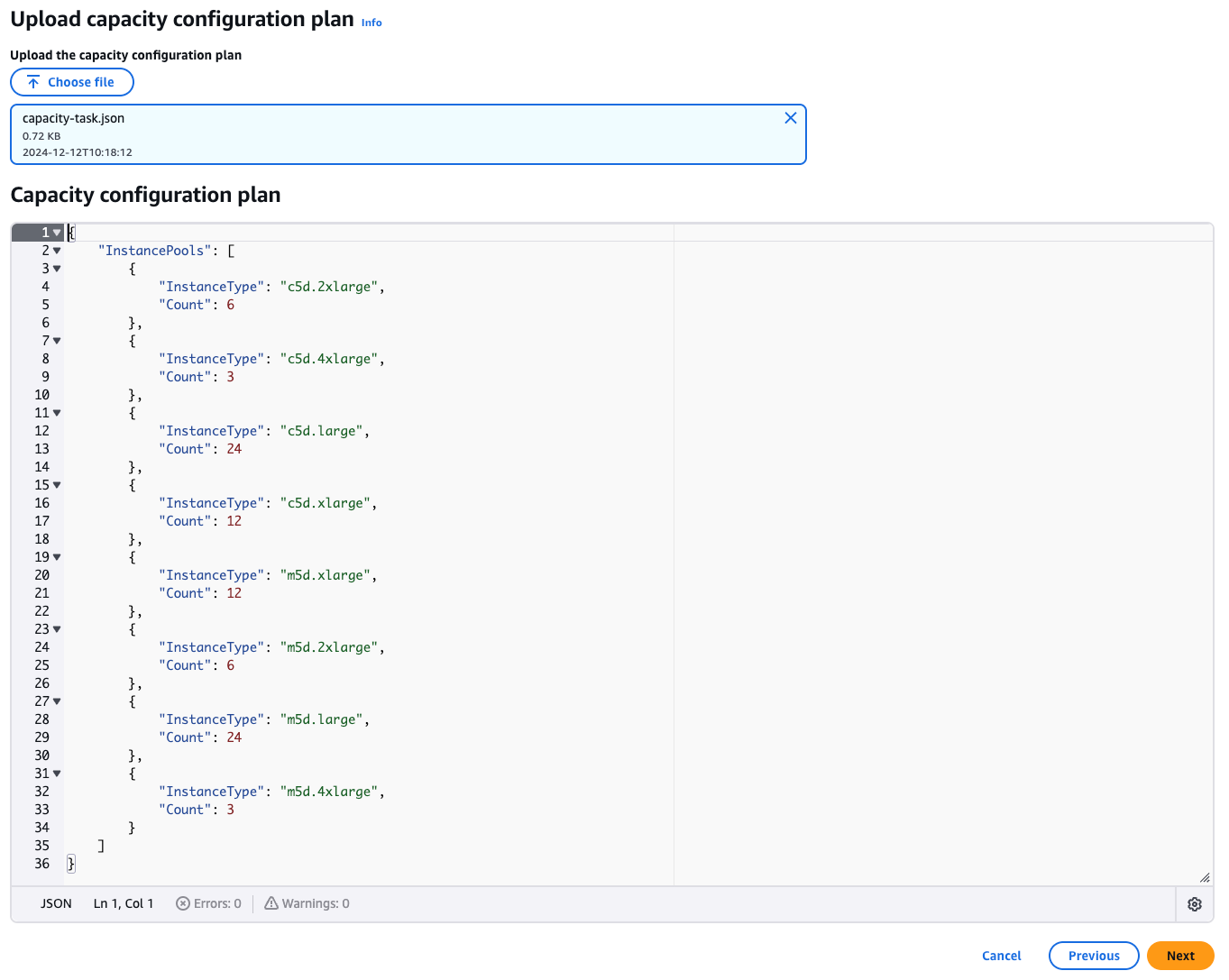 Figure 10 - Upload a Capacity Configuration using JSON