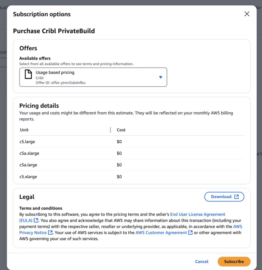 Figure 2: Subscribe to the product that has the component