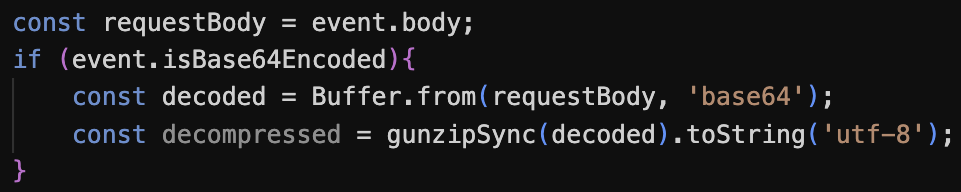 Sample code implementing request payload decompression in a Lambda function.