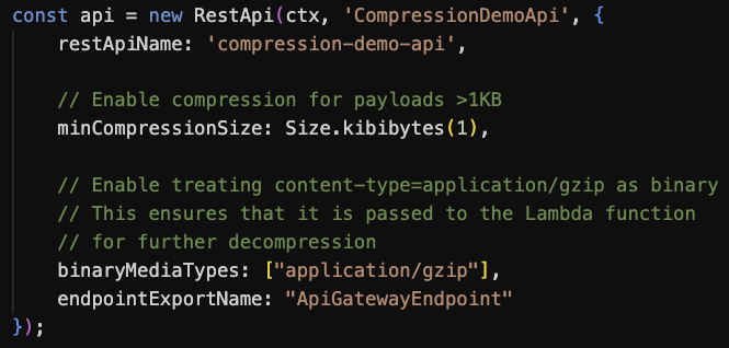 CDK code to configure API Gateway for data compression and binary data passthrough.