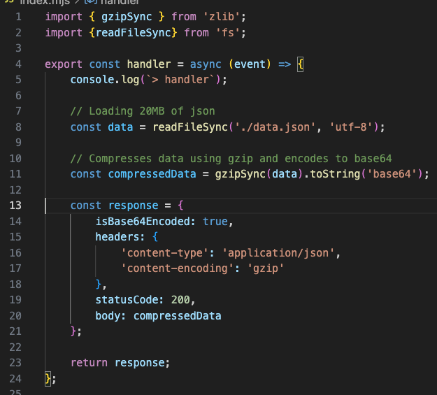 Sample code implementing response payload compression in a Lambda function.
