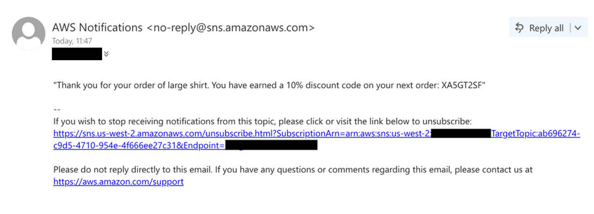 Email received with a discount code.