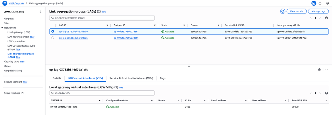 Figure 2: AWS Outposts console showing VIF configuration details