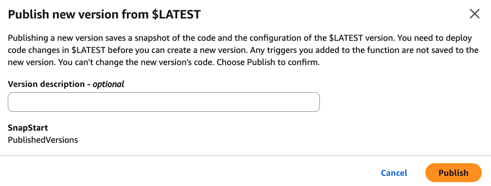 Screenshot of AWS Lambda Console showing how to enable SnapStart for your Lambda function