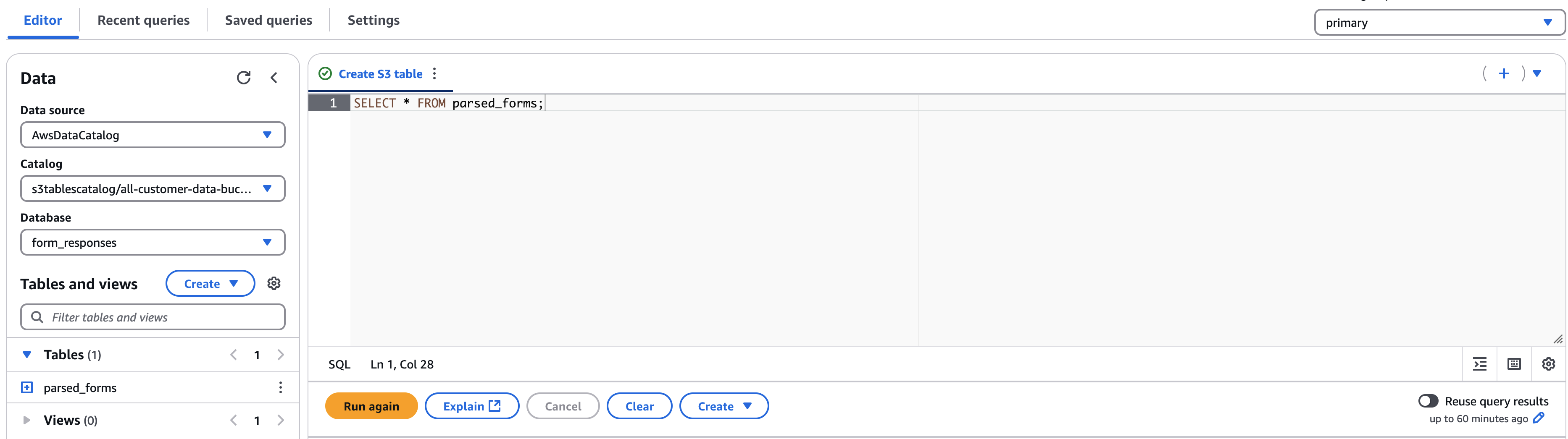 A screenshot of the Athena console showing a query to select the data we just uploaded