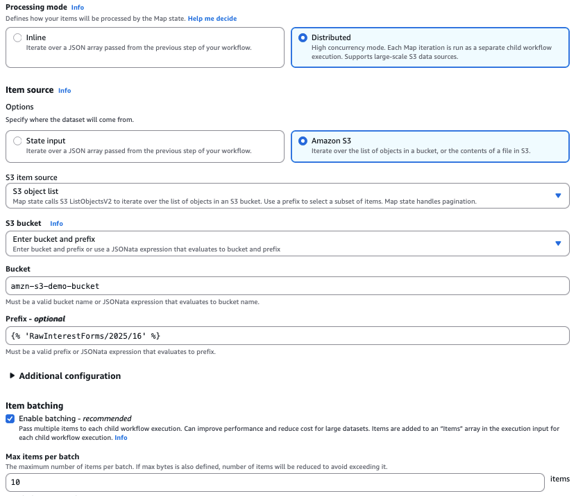 A screenshot of AWS Step Functions console showing Distributed Map state configuration