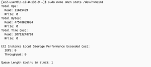 Storage performance metrics showing read operations count, total bytes, and timing statistics for an EC2 NVMe volume