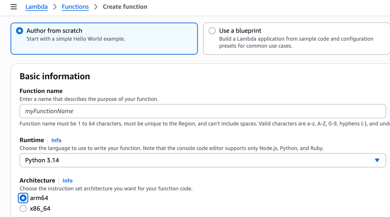 Create function page of the AWS Lambda console
