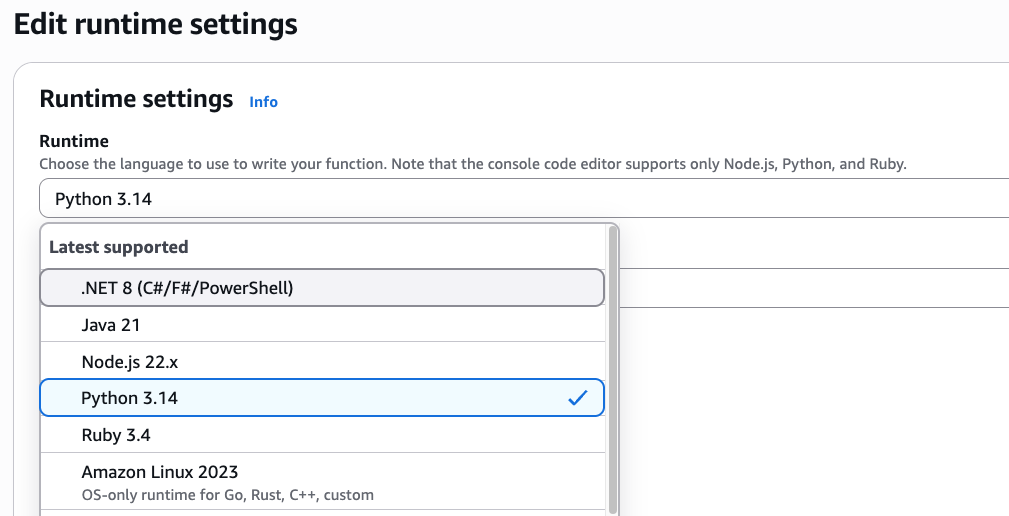 The runtime dropdown menu